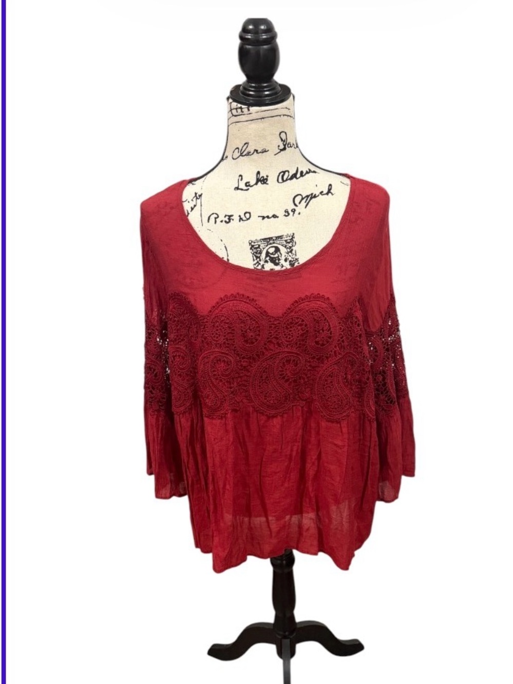 Fyve Women’s Red Embroidered Crochet Peasant Top XL